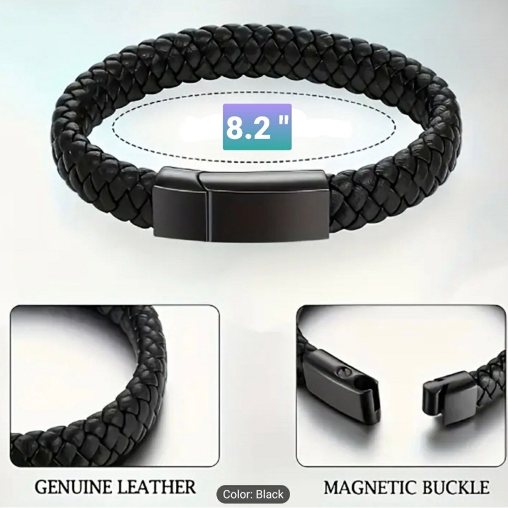 Mens Braided Genuine Leather Bracelet Black Magnetic Buckle 8.2 Inch‎ Cord Wrap - Picture 3 of 3